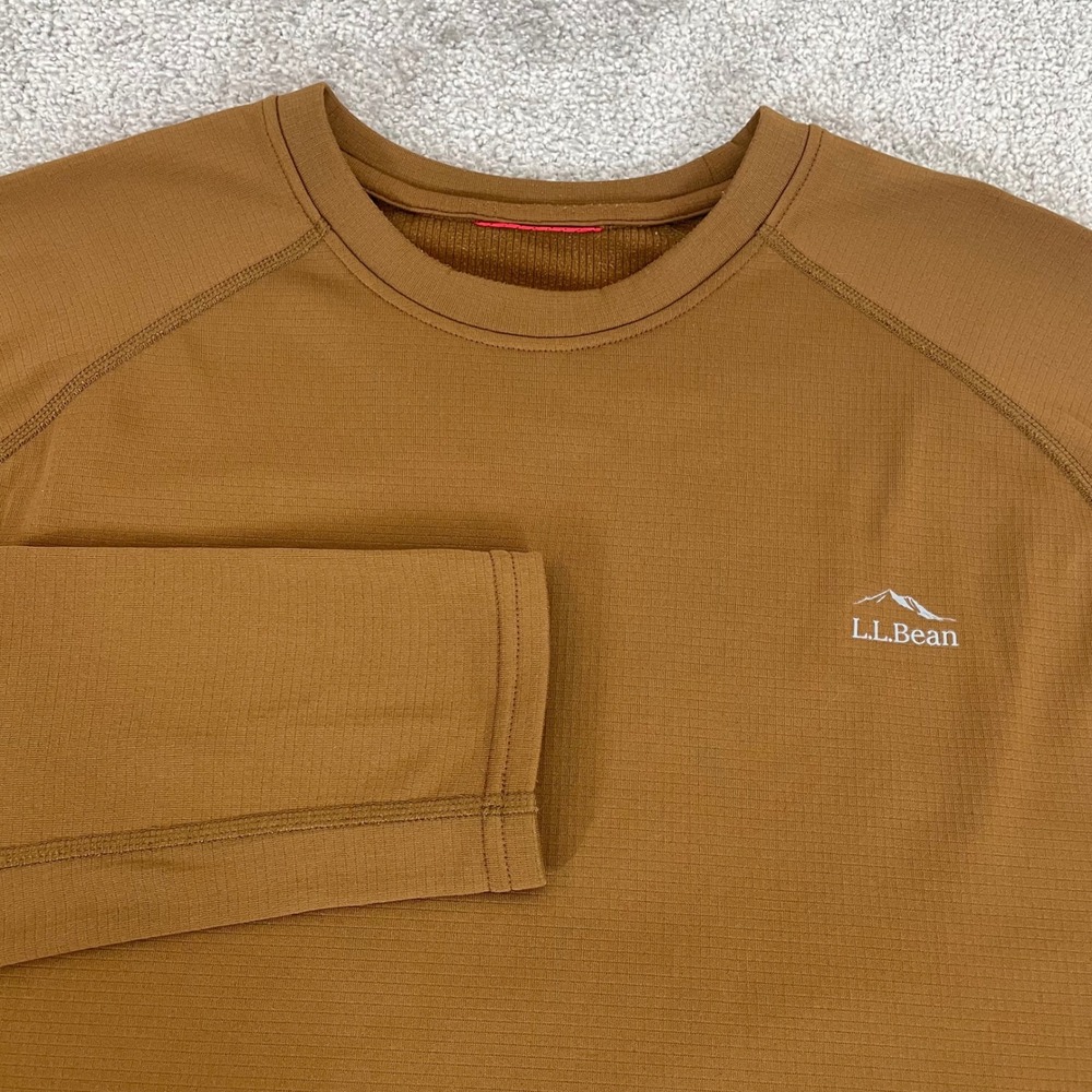 LL Bean Base Layer Mens XXL Grid Fleece Thumbholes Long Sleeve Brown